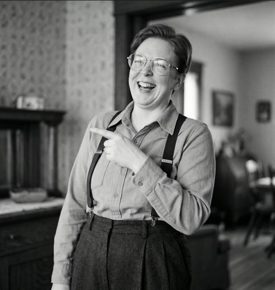 Portrait of Margaret Oliver laughing and pointing in Black and White